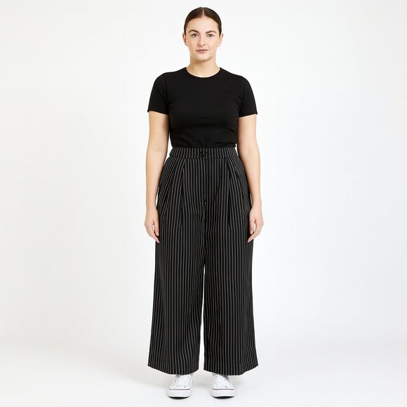 Commense Black White Pinstripe Wide Leg Trousers Size XL - Picture 1 of 7